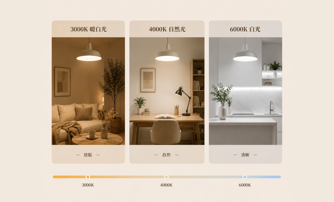 3000K 暖白光、4000K 自然光與 6000K 白光的空間比較